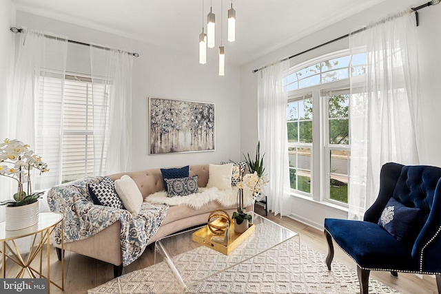 living room with wood-type flooring, plenty of natural light, and an inviting chandelier