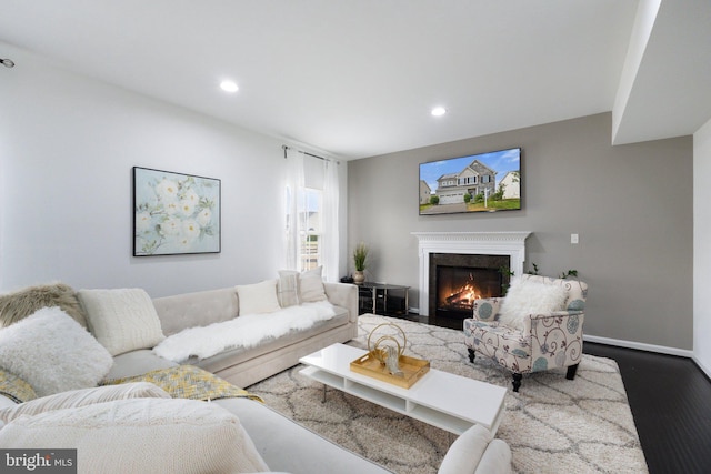 living room featuring a premium fireplace and hardwood / wood-style floors