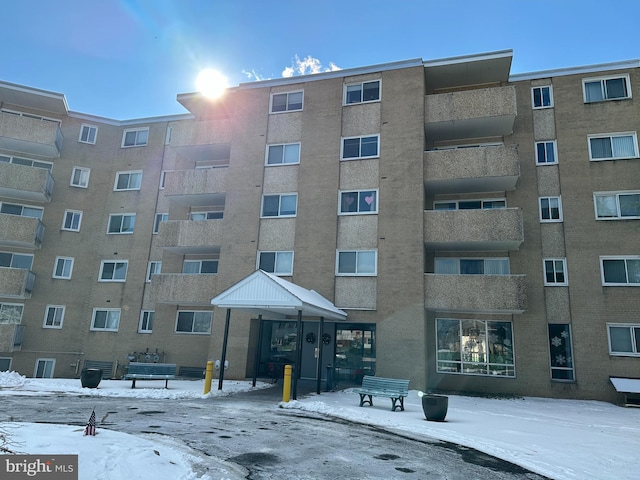 view of snow covered building