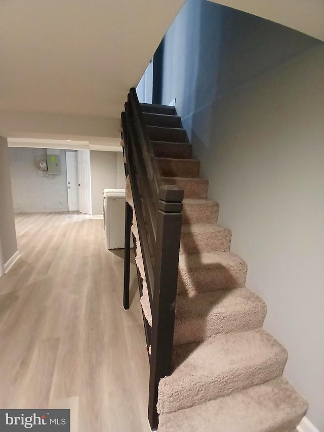 staircase with hardwood / wood-style floors