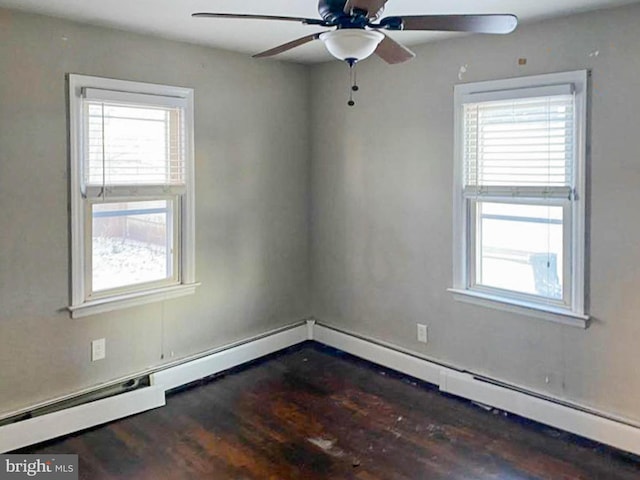 empty room featuring ceiling fan, dark wood-type flooring, and baseboard heating