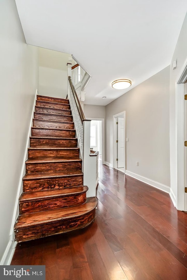 stairs featuring hardwood / wood-style flooring