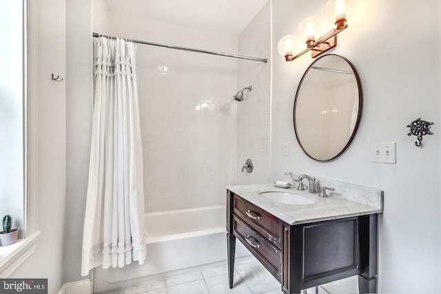 bathroom featuring vanity and shower / tub combo with curtain