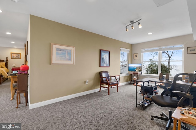 home office with light carpet, recessed lighting, and baseboards