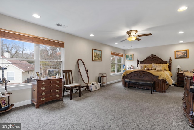 bedroom featuring baseboards, visible vents, light colored carpet, ceiling fan, and recessed lighting