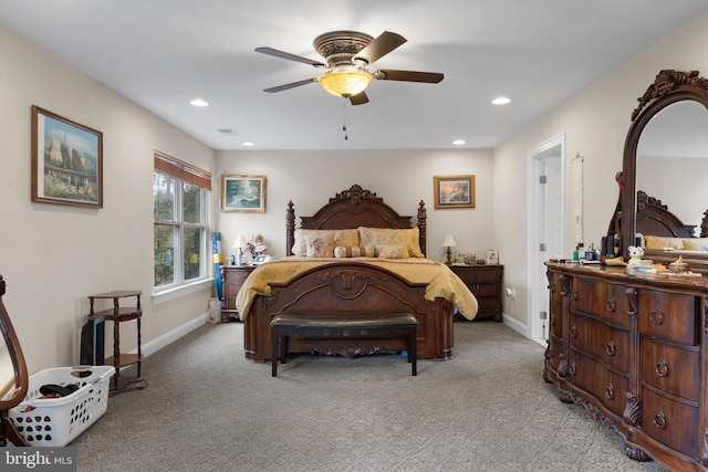 bedroom with recessed lighting, light carpet, visible vents, and baseboards