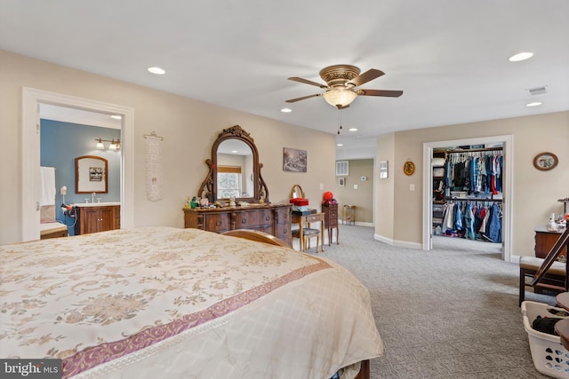 carpeted bedroom featuring baseboards, ceiling fan, a closet, and recessed lighting