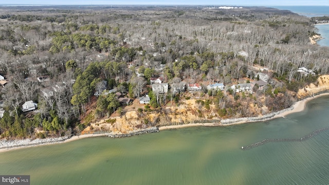 drone / aerial view featuring a water view and a forest view