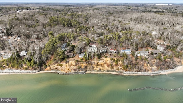 drone / aerial view featuring a water view and a wooded view