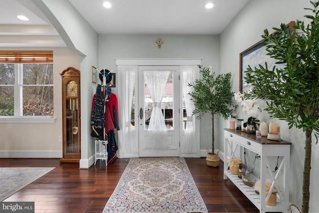 entrance foyer featuring baseboards, dark wood finished floors, a wealth of natural light, and recessed lighting