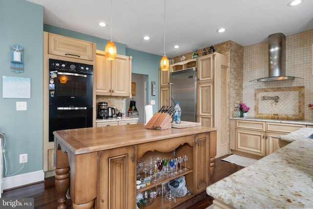 kitchen with a center island, dobule oven black, light brown cabinets, stainless steel built in fridge, and wall chimney exhaust hood