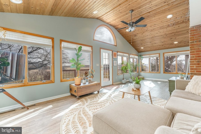 living room with high vaulted ceiling, a healthy amount of sunlight, wood ceiling, and light hardwood / wood-style floors