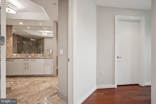 bathroom featuring vanity, hardwood / wood-style floors, and walk in shower