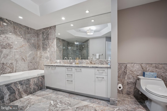 full bathroom featuring toilet, tile walls, vanity, a tray ceiling, and plus walk in shower