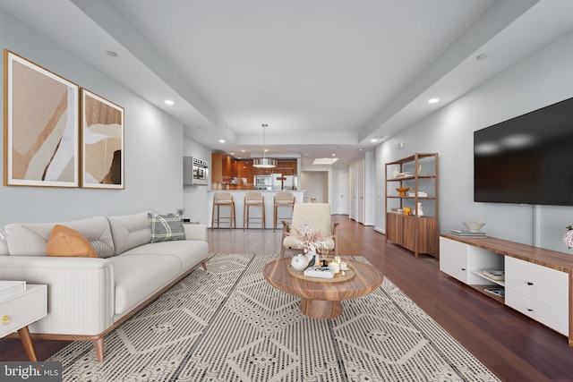 living room featuring dark wood-type flooring