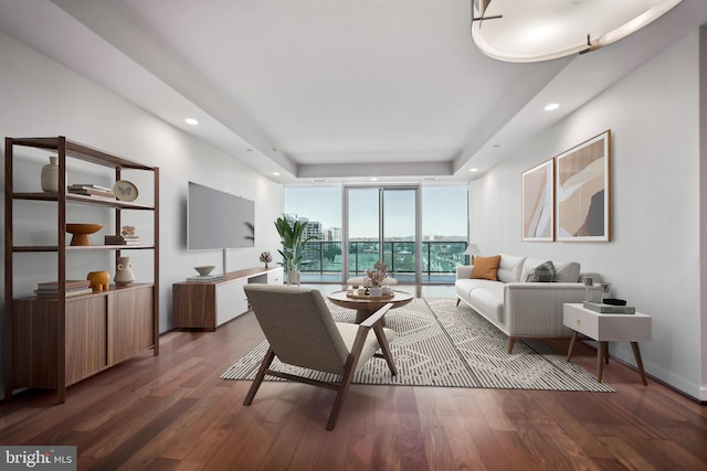 living room with dark wood-type flooring, a raised ceiling, and a wall of windows