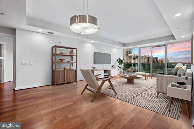 living room with hardwood / wood-style flooring, expansive windows, and a raised ceiling