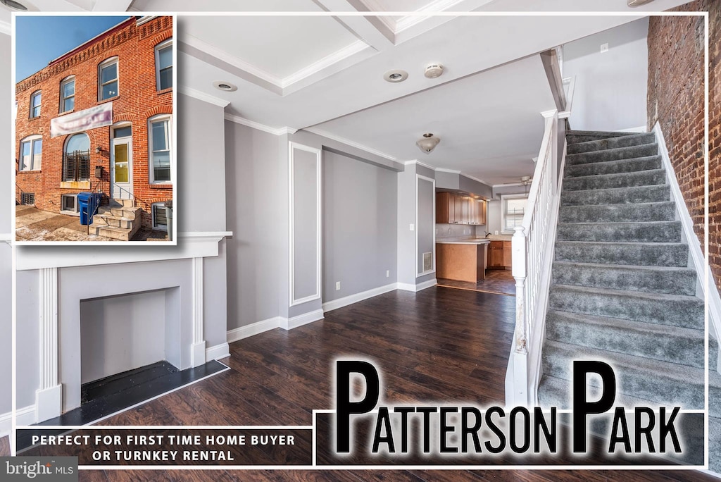 interior space featuring coffered ceiling, hardwood / wood-style floors, ornamental molding, and beamed ceiling