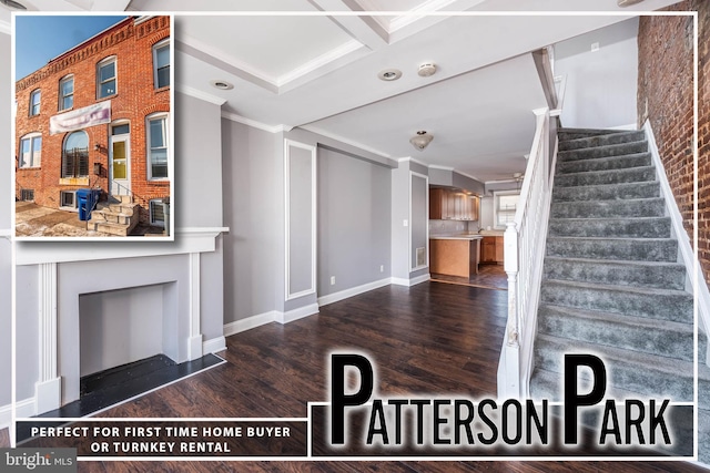 interior space featuring coffered ceiling, hardwood / wood-style floors, ornamental molding, and beamed ceiling