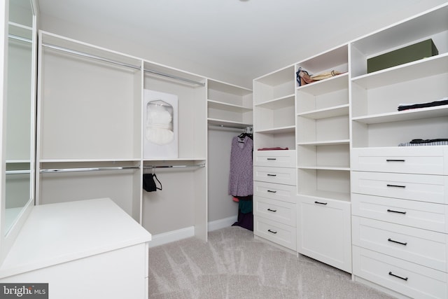 walk in closet with light carpet