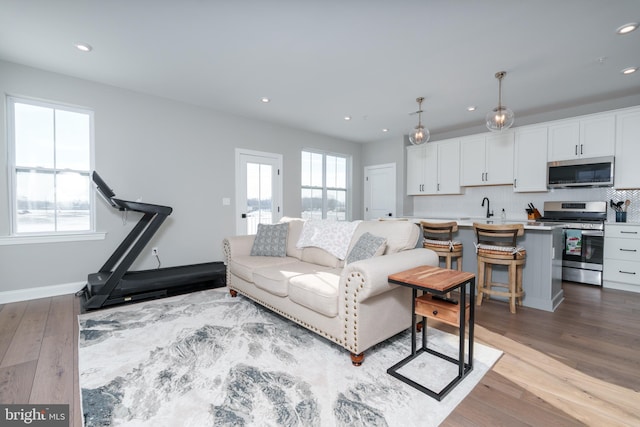 living room featuring a healthy amount of sunlight, sink, and light hardwood / wood-style flooring