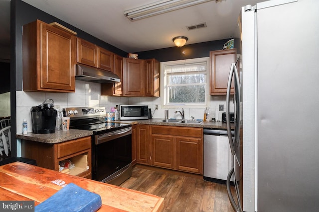 kitchen with sink, backsplash, stainless steel appliances, and dark hardwood / wood-style floors