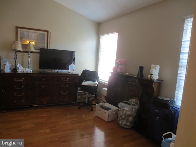 bedroom with lofted ceiling and wood finished floors