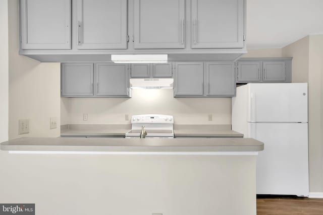 kitchen featuring gray cabinetry, white appliances, and dark hardwood / wood-style flooring