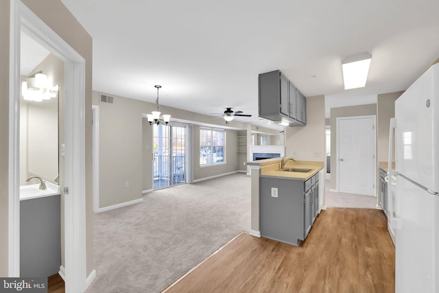 kitchen featuring sink, gray cabinetry, white refrigerator, light carpet, and ceiling fan with notable chandelier