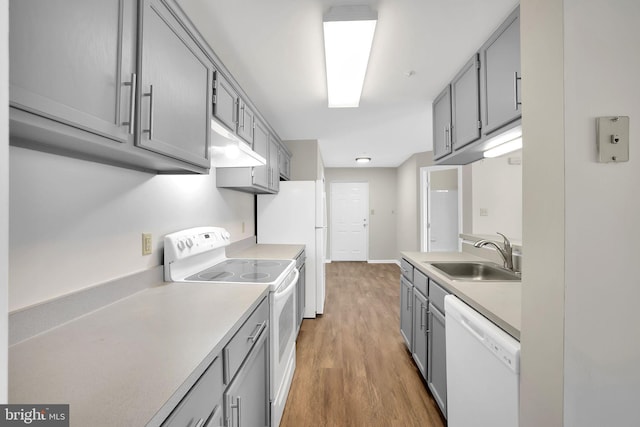 kitchen featuring sink, white appliances, wood-type flooring, and gray cabinets