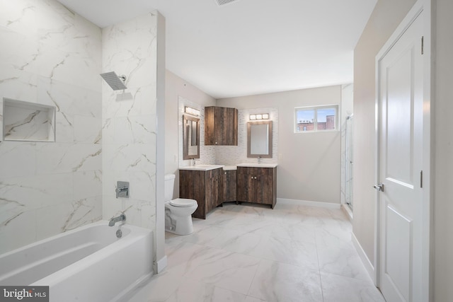 full bathroom featuring vanity, bathing tub / shower combination, backsplash, and toilet