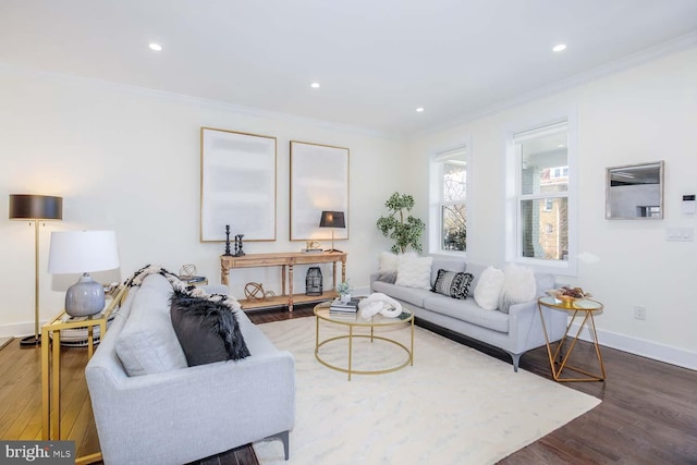 living room with ornamental molding and dark wood-type flooring