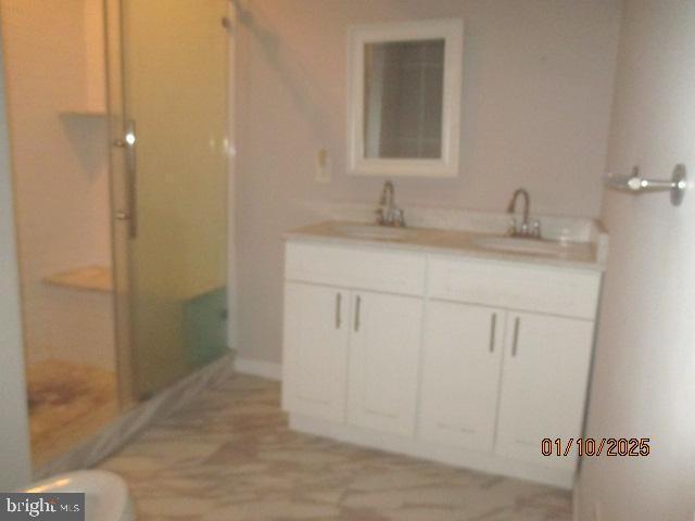 bathroom with walk in shower and vanity