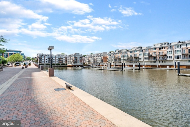 property view of water with a dock