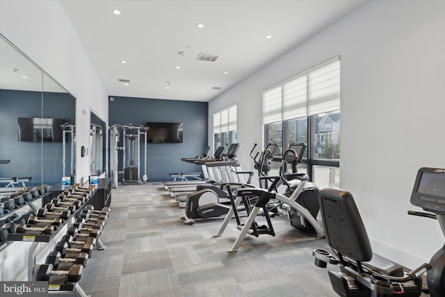 gym with light colored carpet