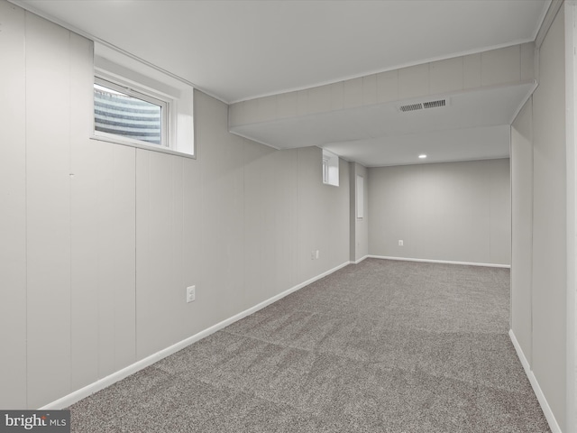 basement with carpet flooring