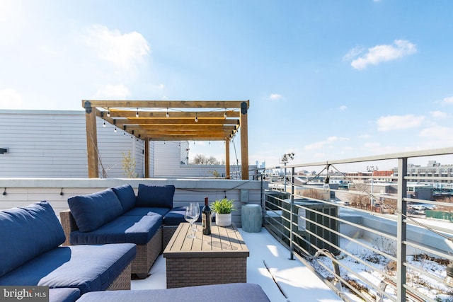 wooden deck with an outdoor living space and a pergola