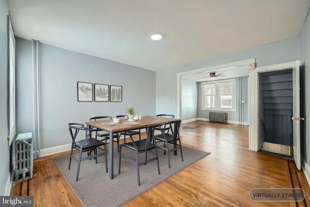 dining area featuring wood-type flooring, radiator heating unit, and ceiling fan