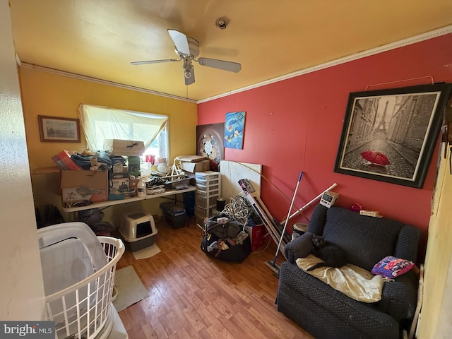 interior space featuring hardwood / wood-style flooring, crown molding, and ceiling fan