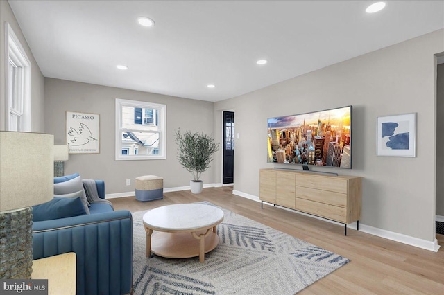 living room with light hardwood / wood-style flooring