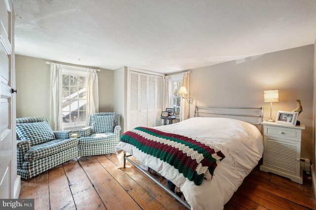 bedroom featuring multiple windows, dark wood-type flooring, and a closet