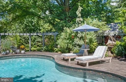 view of swimming pool featuring a pergola and a patio area