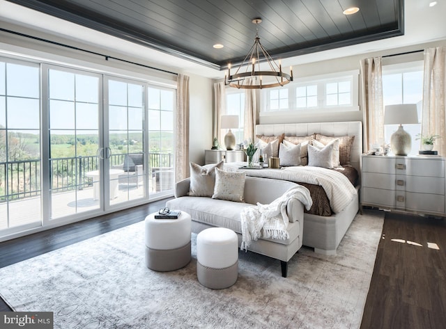 bedroom with wood-type flooring, access to exterior, a raised ceiling, and multiple windows