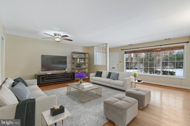 living room with ceiling fan and light hardwood / wood-style flooring