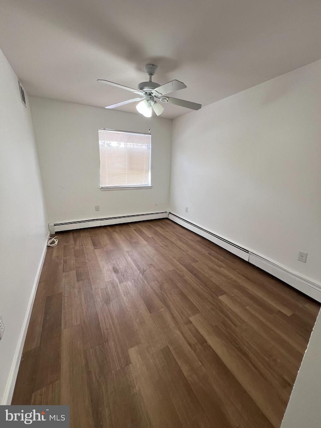 unfurnished room with a baseboard radiator, wood-type flooring, and ceiling fan