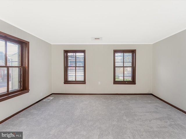 carpeted empty room featuring crown molding