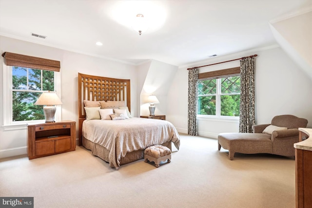 bedroom with multiple windows, crown molding, and light colored carpet