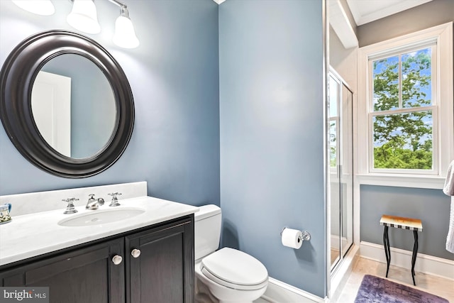 bathroom featuring plenty of natural light, toilet, a shower with shower door, and vanity