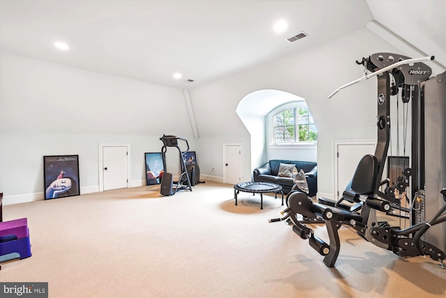 exercise area featuring lofted ceiling and carpet floors