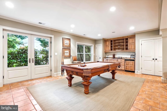 game room featuring crown molding, billiards, and french doors